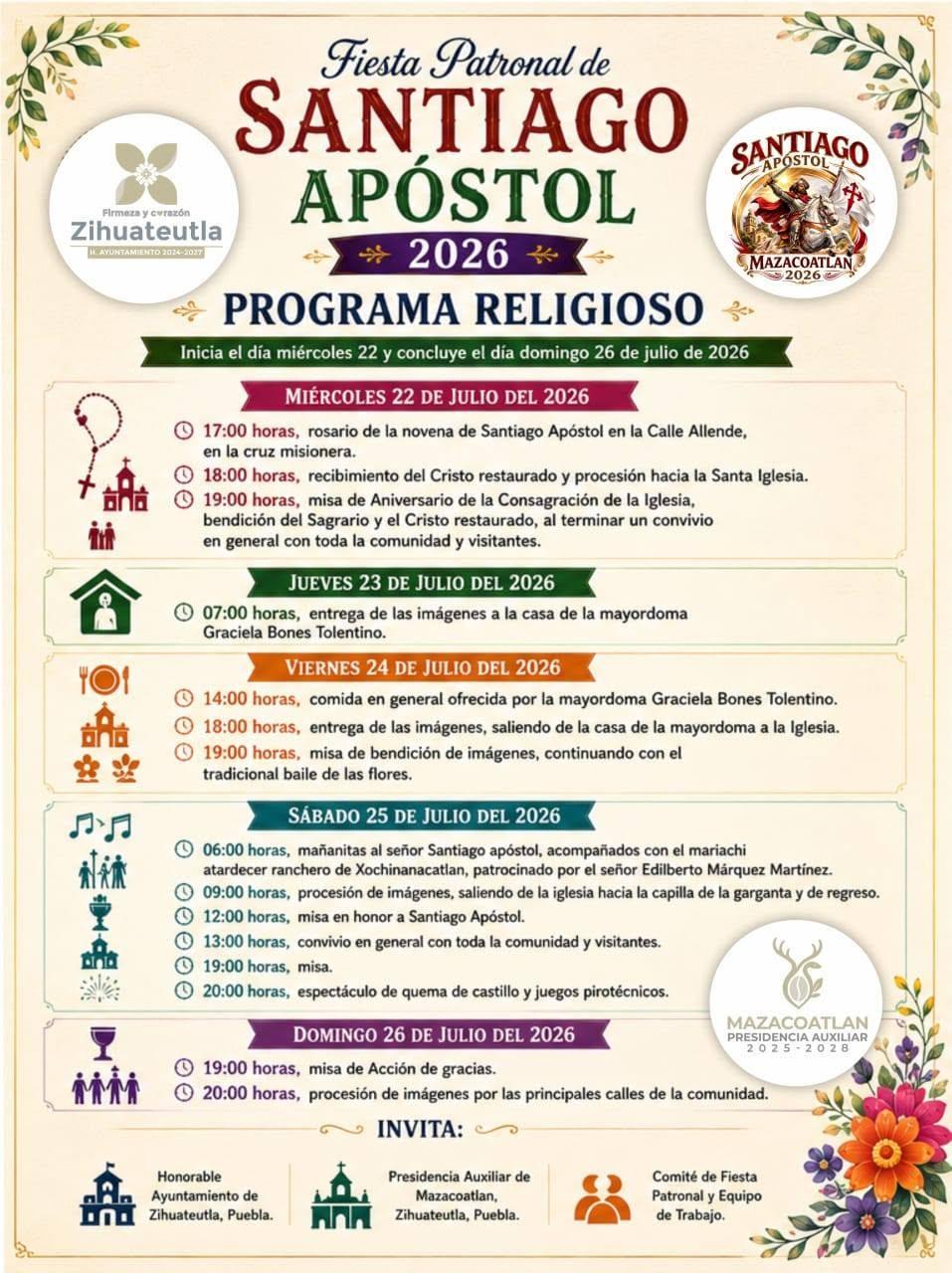 Les comparto el Programa de Actividades  de la Fiesta Patronal de #Mazacoatlán 2026 ¡Los esperamos!
